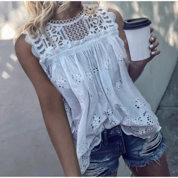 New White Eyelet Lace Tank Blouse Layering Summer Top Western Boho Beach - Picture 3 of 8